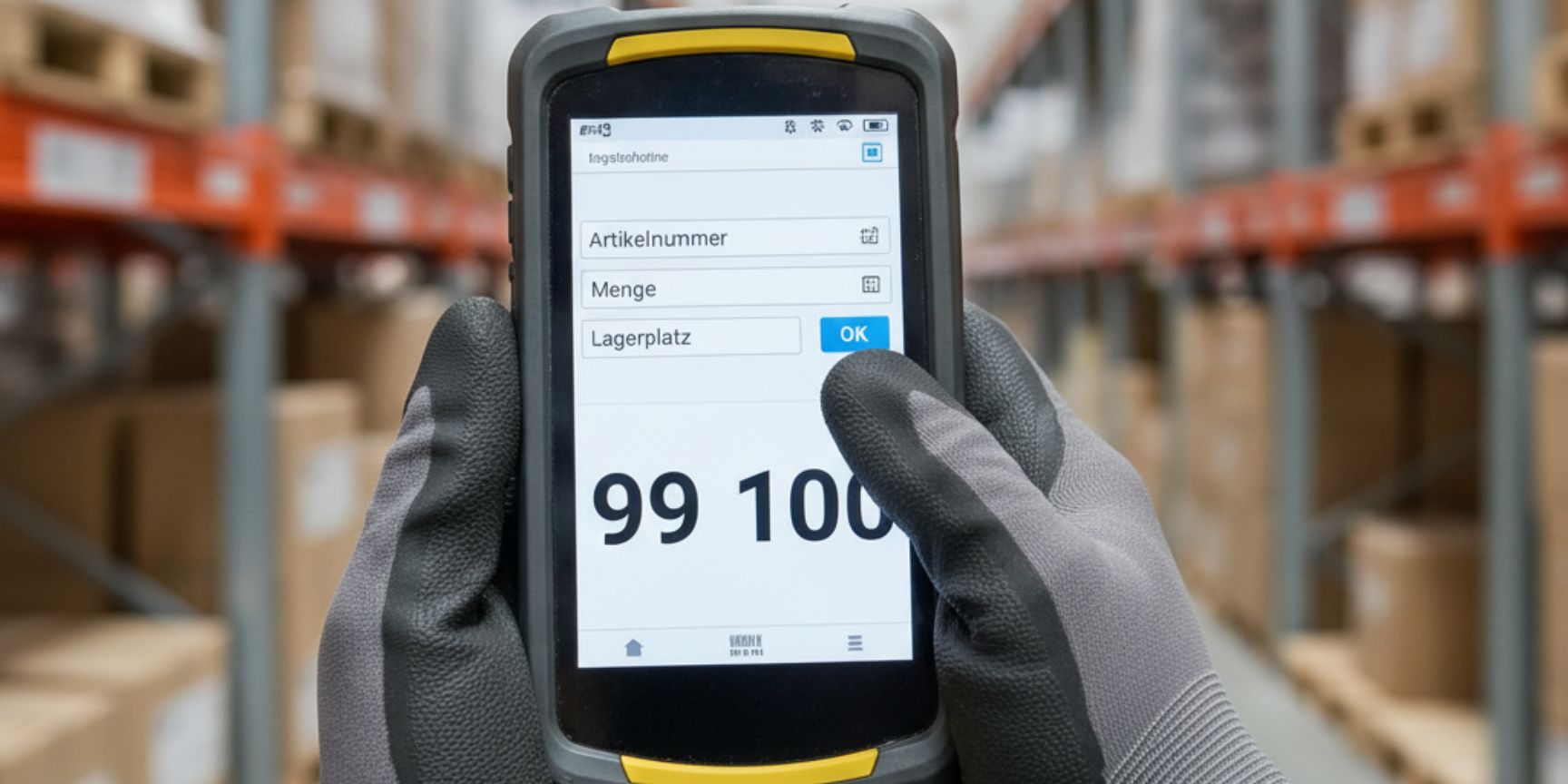 Hand eines Lagerarbeiters, der ein MDE-Gerät für die digitale Inventurerfassung nutzt, im Hintergrund unscharfe Lagerregale.