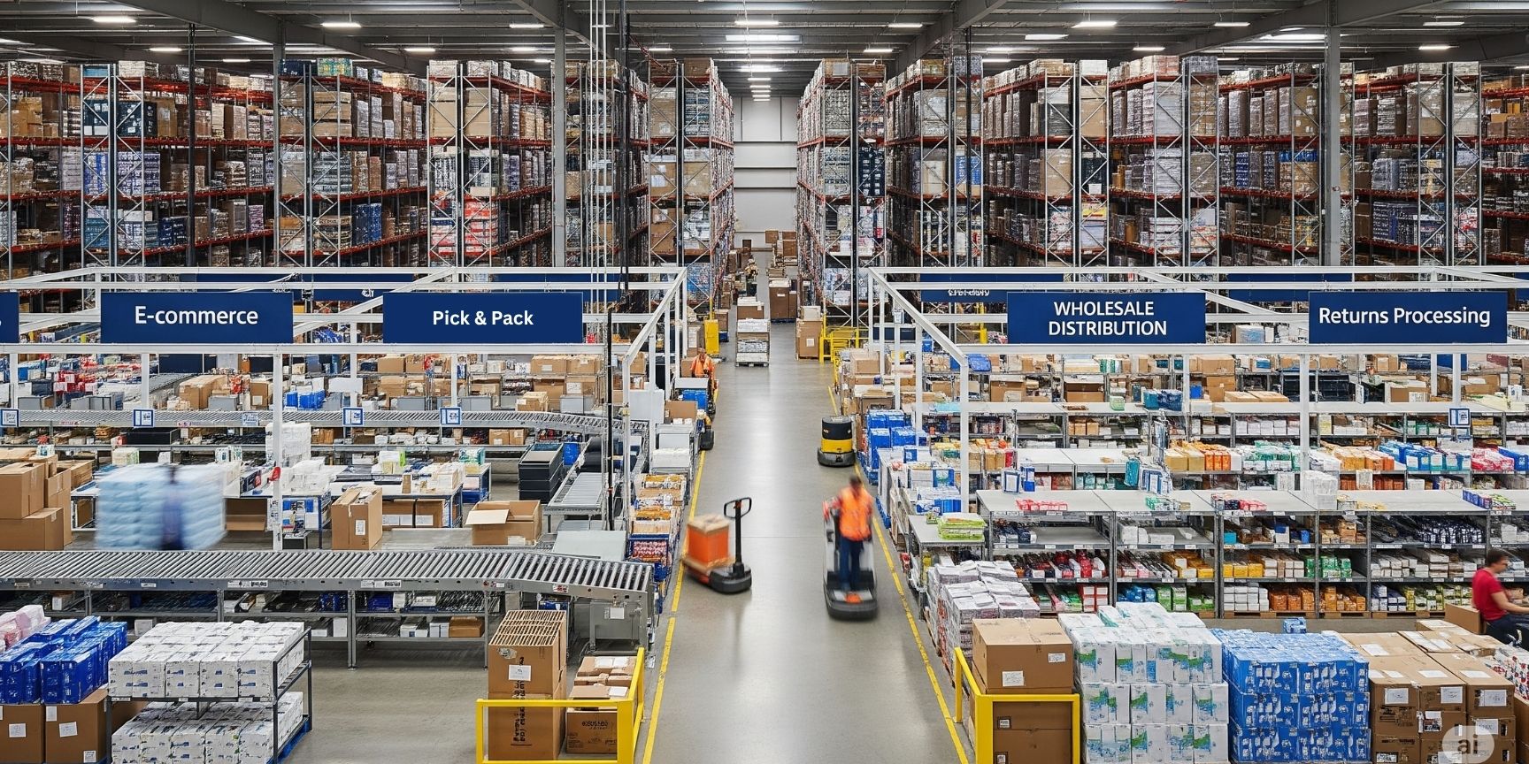 Modern multi-channel warehouse with zones for e-commerce, retail and wholesale – efficient logistics and warehousing
