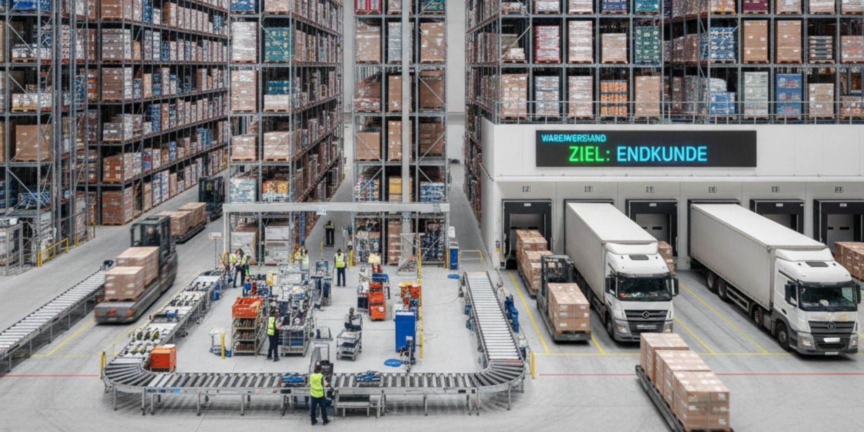 Moderne Logistikimmobilie mit Hochregallagern, Kommissionierbereich, Fördertechnik und LKW-Andockstationen, symbolisiert den effizienten Warenfluss der Vorwärtslogistik.