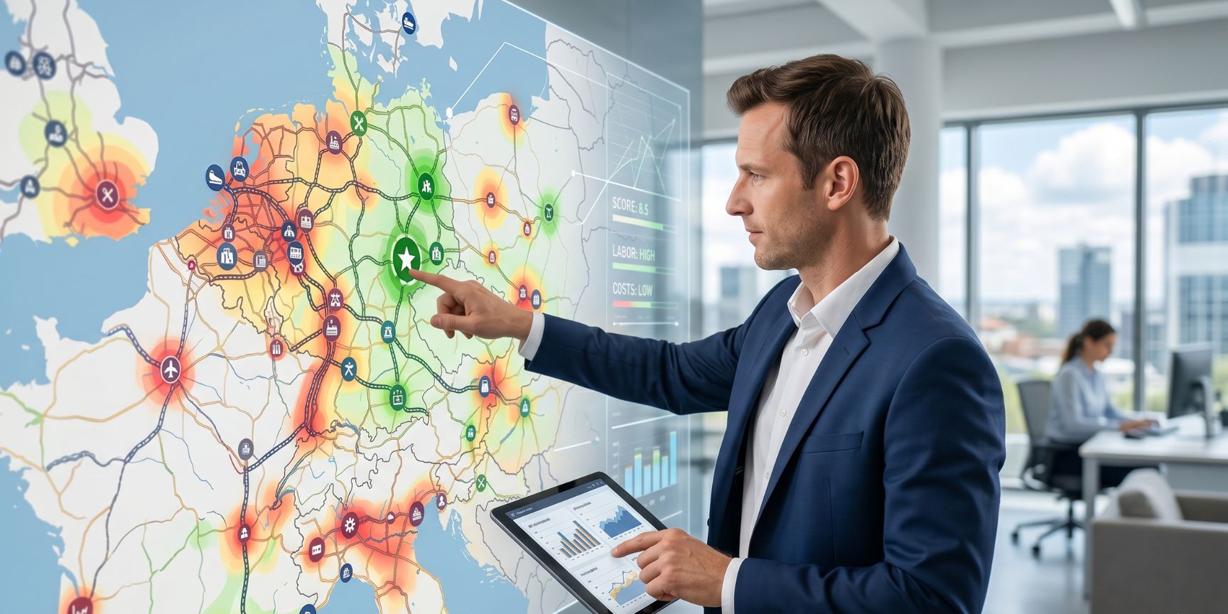 Logistics expert evaluates locations on a digital map with transport network and regional scoring for efficient warehouse logistics properties.