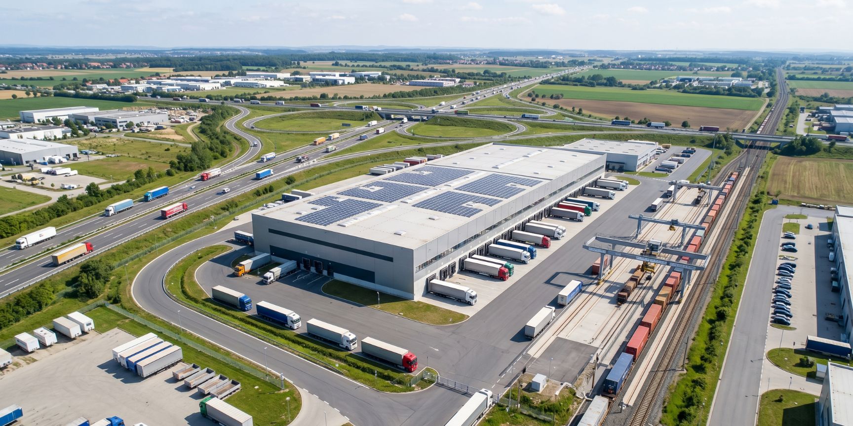 Modern logistics property at a trimodal location with direct highway access, truck activity and rail freight transport ftanor efficient logistics processes.