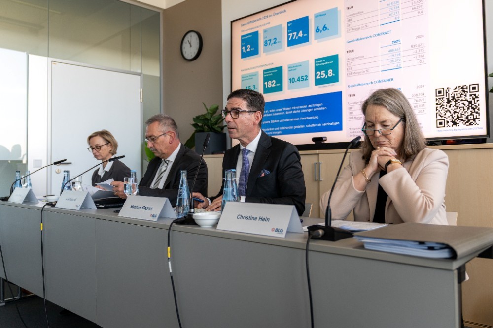 The Management Board of BLG LOGISTICS GROUP AG & Co. KG. From left: Ulrike Riedel, Chief Human Resources Officer & Labor Director; Axel Krichel, Member of the Executive Board & Chief Operating Officer (COO); Matthias Magnor, Chairman of the Board of Management and Christine Hein, Chief Financial Officer.