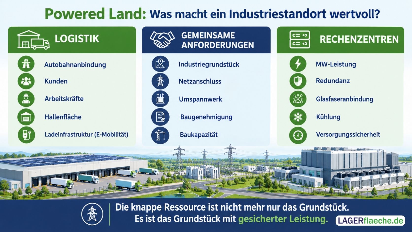 Infografik zum Vergleich der Standortanforderungen von Logistikimmobilien und Rechenzentren mit gemeinsamen Anforderungen wie Industriegrundstücken, Netzanschlüssen, Umspannwerken und Baukapazitäten.
